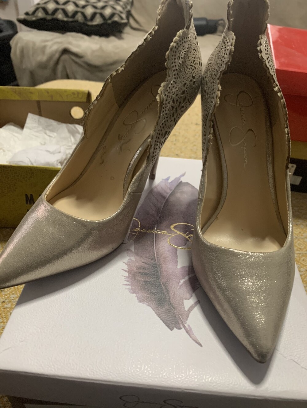 Jessica Simpson Shimmery Champagne Pointed Toe Pumps with Lace Scallop
